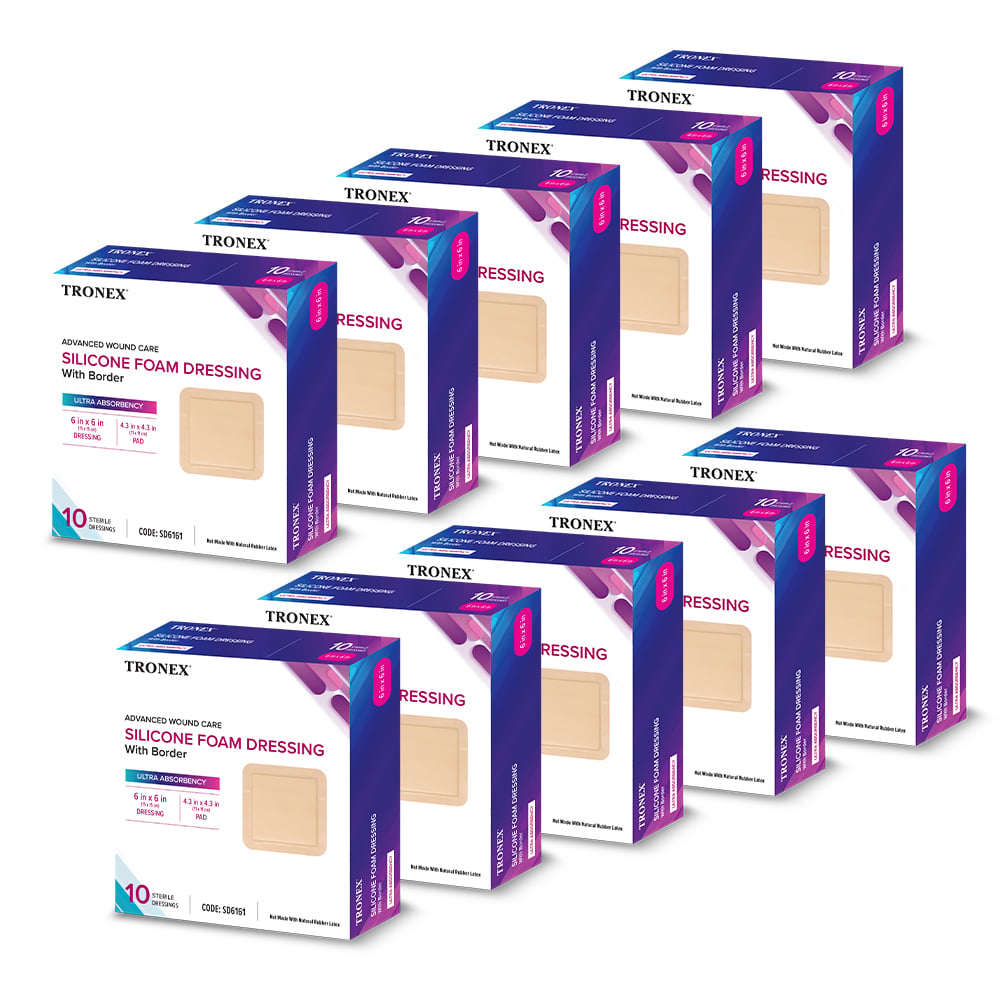 Tronex Silicone Foam Dressing, Adhesive Border, Waterproof, Sterile, Ultra Absorbent, Latex-Free, 6" x 6", Pack of 100