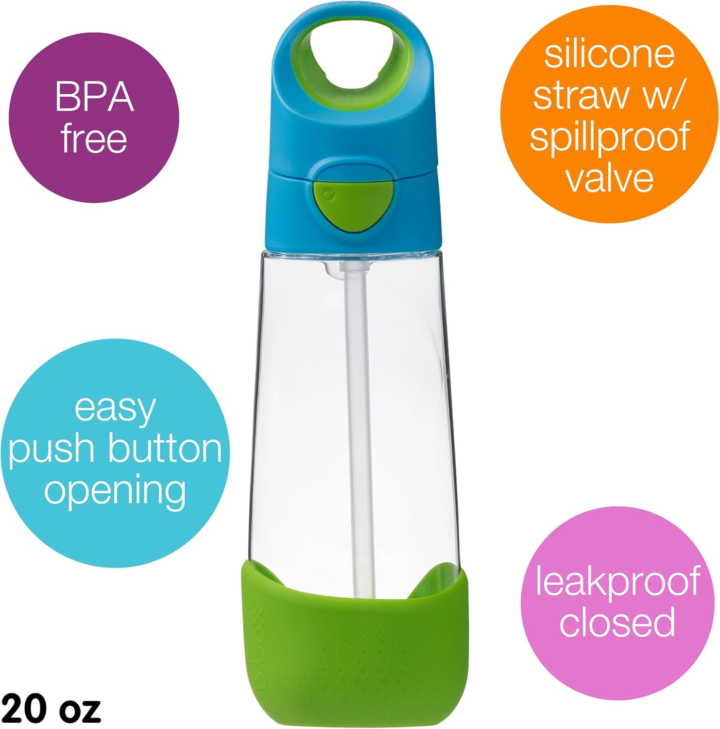 b.box 20 oz Tritan™ Drink Bottle: Kids Water Bottle w/ Straw & Flip Top Lid for School, Travel, Daycare. Spill & Leak Proof. Easy Grip Triangle Shape. BPA Free, Dishwasher Safe. Ocean Breeze