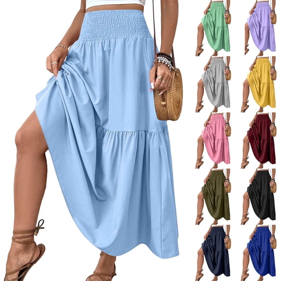 larppty Boho Maxi Skirts for Women 2026 Summer Floral Flowy Ruffle Swing Tiered A Line Long Skirt with Pockets Beach Vacation Outfits(Green, L)
