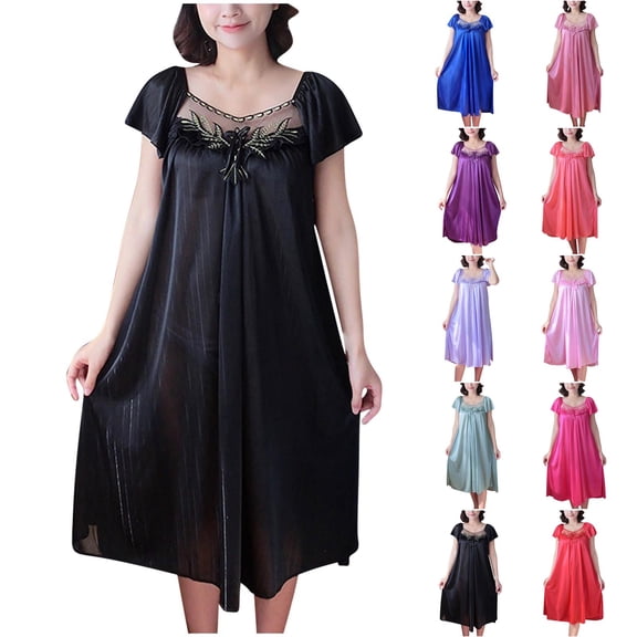 Asxite Womens Pajamas Solid Crew Neck Mesh Short Sleeve Nightgown Dress