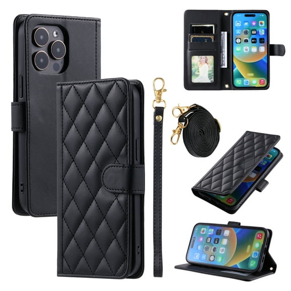 Feishell Crossbody Wallet Case for iPhone 16 Pro,with Detachable Wrist & Shoulder Strap,Luxury PU Leather Magnetic Clasp Card Holder Purse Flip Kickstand Phone Case for Women Men,Black