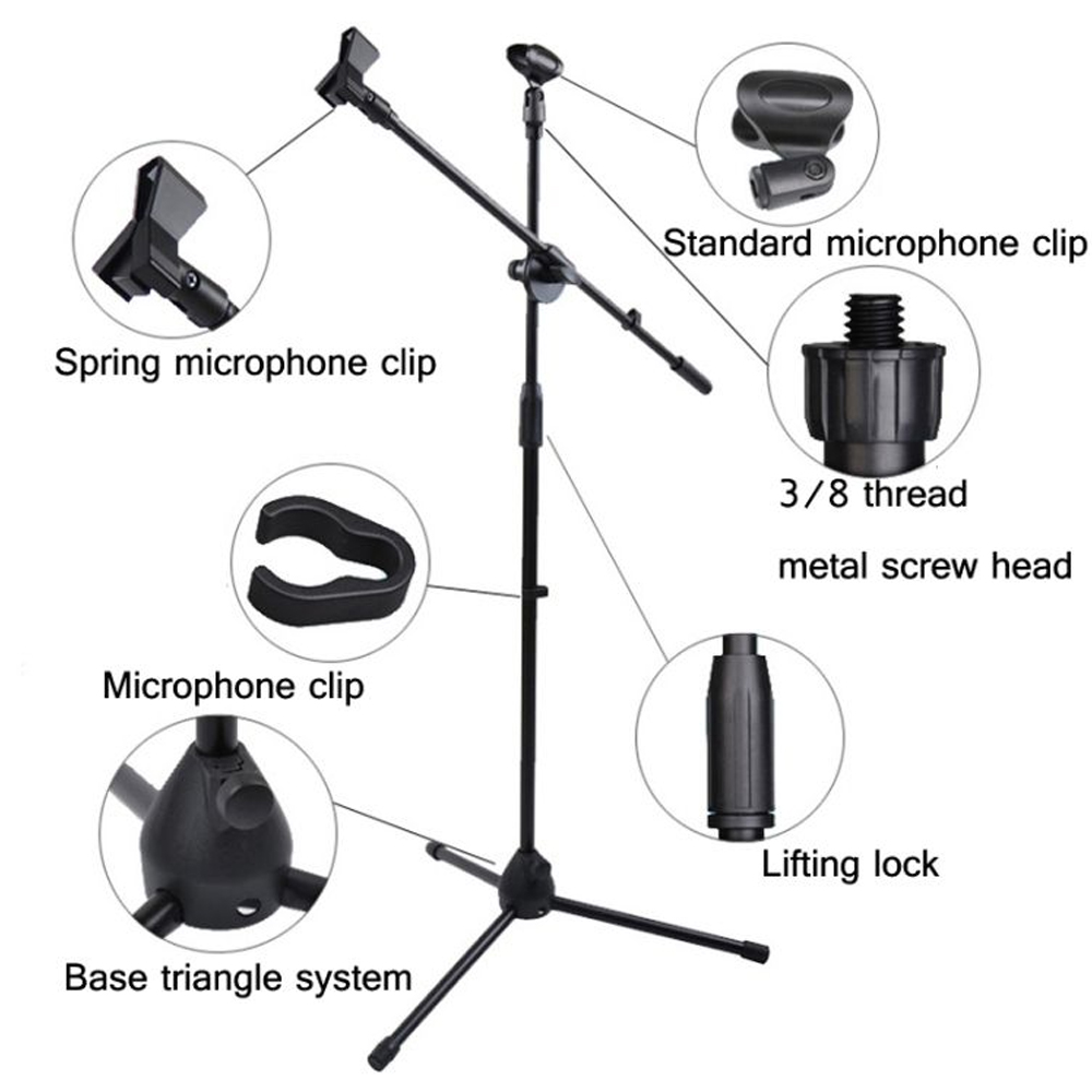 Microphone Stand Mic Foldable Double Clip Tripod 360 Rotating with Extending Boom Arm