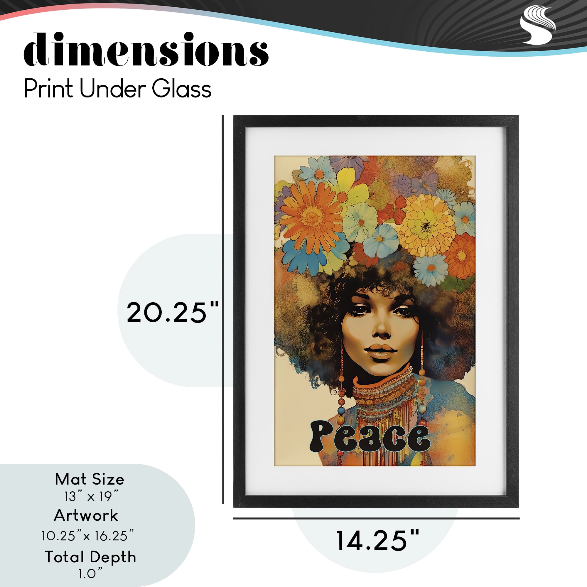 Peace Groovy Afro Girl Black Framed Print Under Glass, design by Sasha