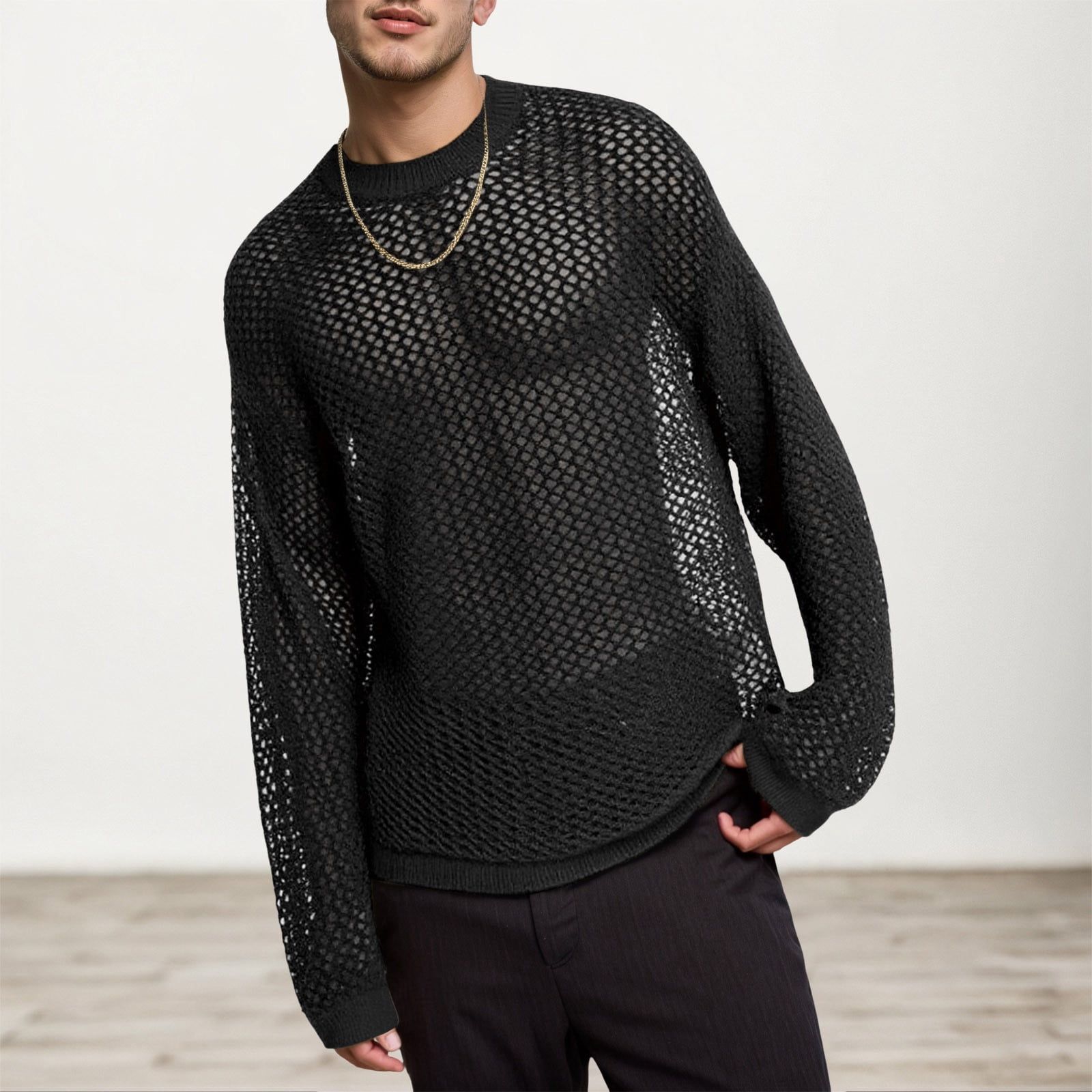 Men Hollow Out Crochet Knit Tops,Summer See Through Crew Neck