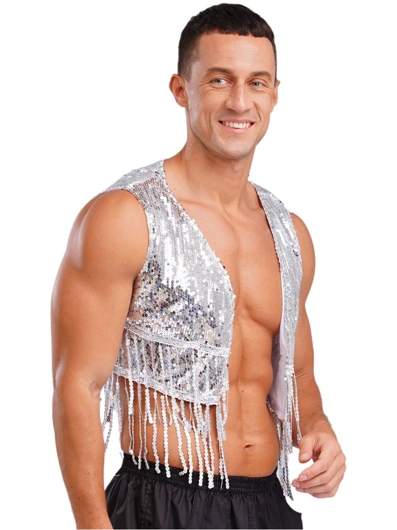 YiZYiF Men's Shiny Sequins Cropped Vest Top Sleeveless Cowboy Open