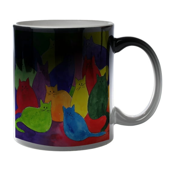KuzmarK Black Heat Morph Color Changing Coffee Cup Mug 11 Ounce - Colorful Kitties in Crayon Colors Art by Denise Every