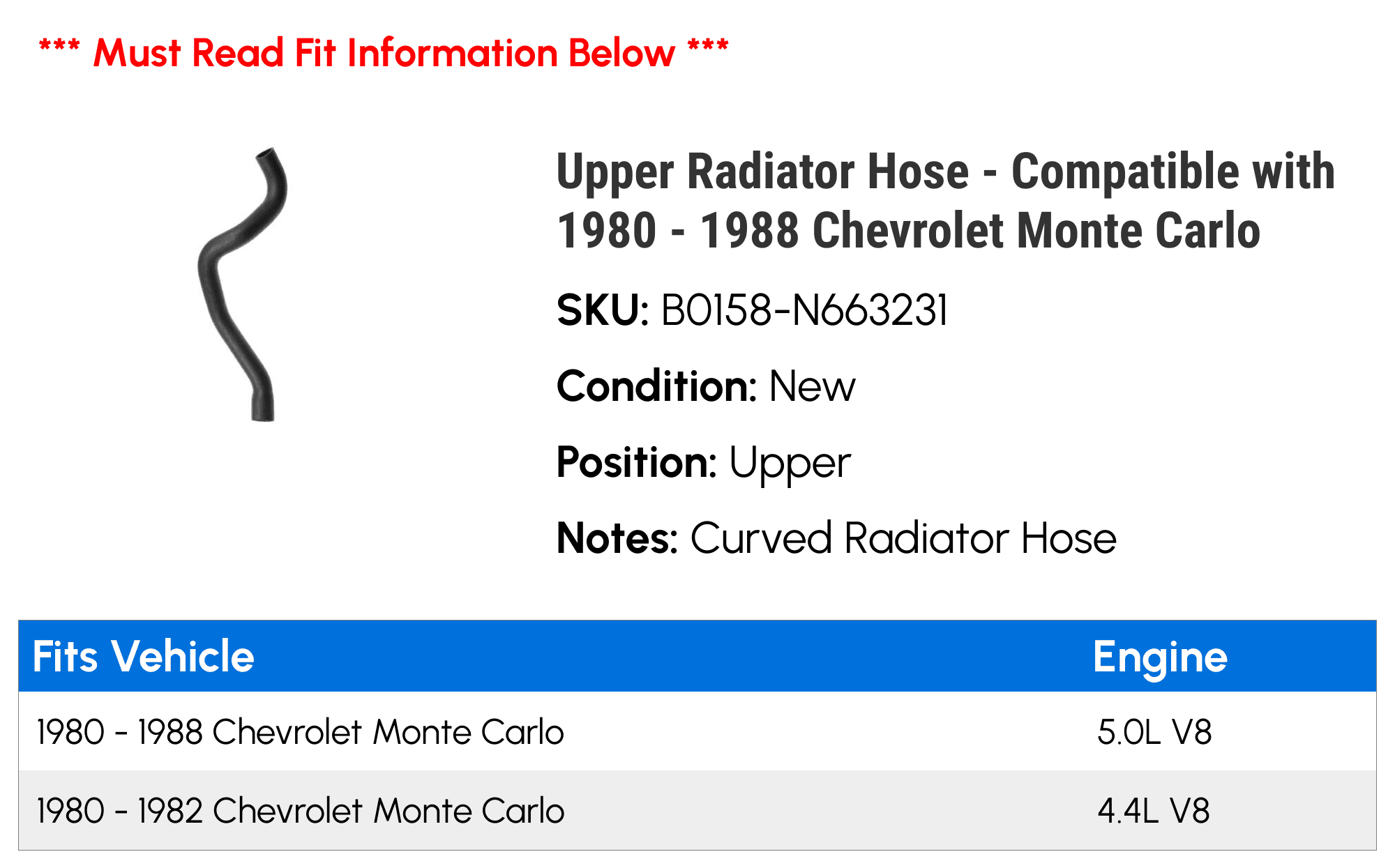Upper Radiator Hose - Compatible with 1980 - 1988 Chevy Monte Carlo 1981 1982 1983 1984 1985 1986 1987