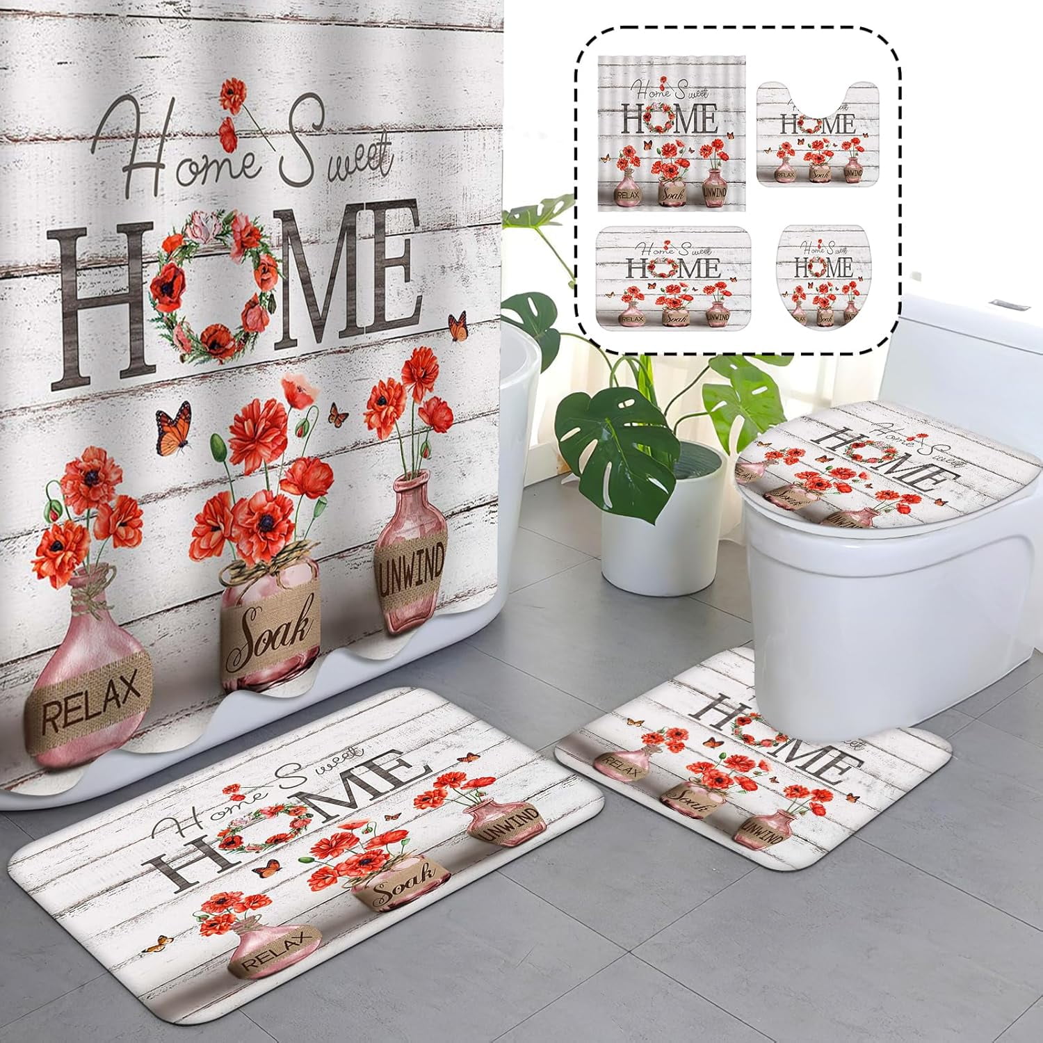 4PCS Farmhouse Shower Curtain Sets for Bathroom, Green Eucalyptus Rustic Bathroom Set with Shower Curtain and Rugs, Country Style Home Sweet Home Vintage Bathroom Decor Accessories