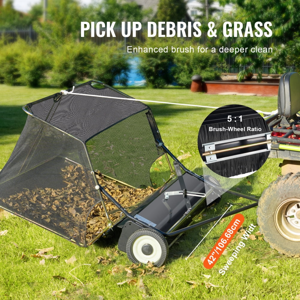 NOBOLEA 42" Tow-Behind Lawn Sweeper, 12 Cu Ft Leaf & Grass Collector with Adjustable Height, Heavy Duty Yard Sweeper for Tractor Attachment