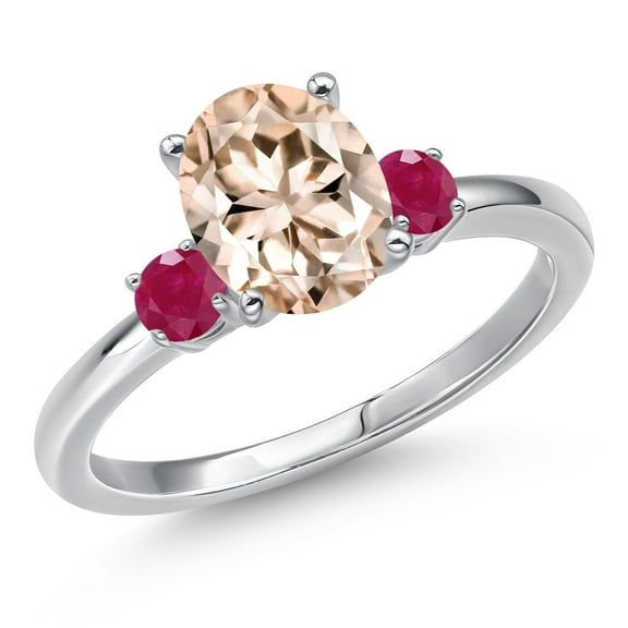 Gem Stone King 14K White Gold Peach Morganite and Red Ruby Engagement Ring for Women | 1.91 Cttw | Oval 9X7MM | Gemstone October Birthstone | Size 7