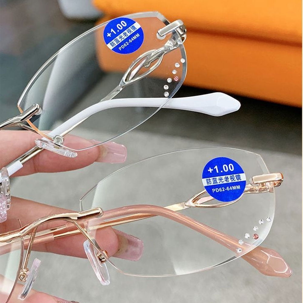 2 Pairs of Women Rimless Blue Light Blocking Reading Glasses 2.00, Ladies Rectangle Metal Presbyopia Glasses Readers +2.00 strength