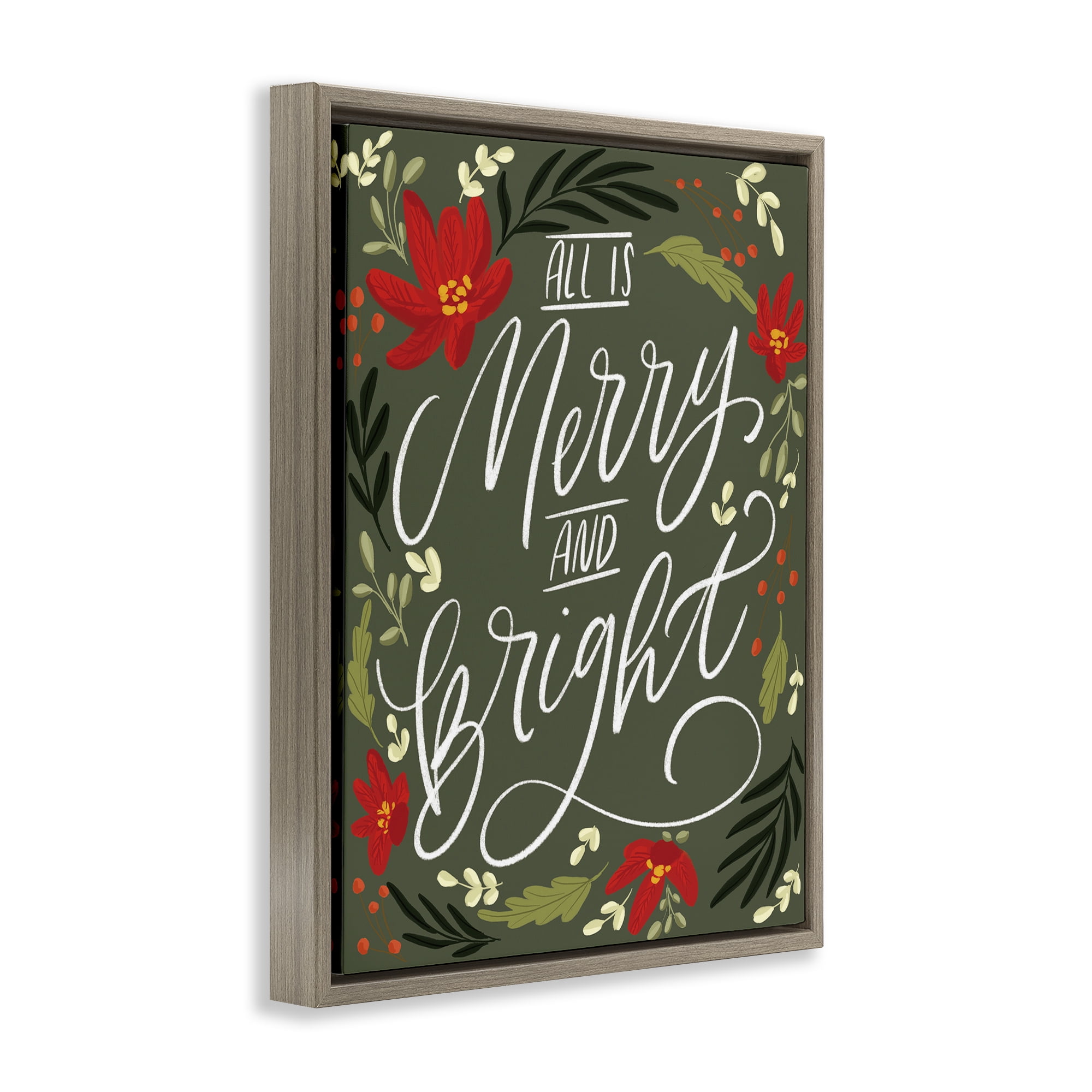 Stupell Industries Floral Merry and Bright Holiday Painting Brown Floater Framed Canvas Art Prints Wall Art, 17 x 21