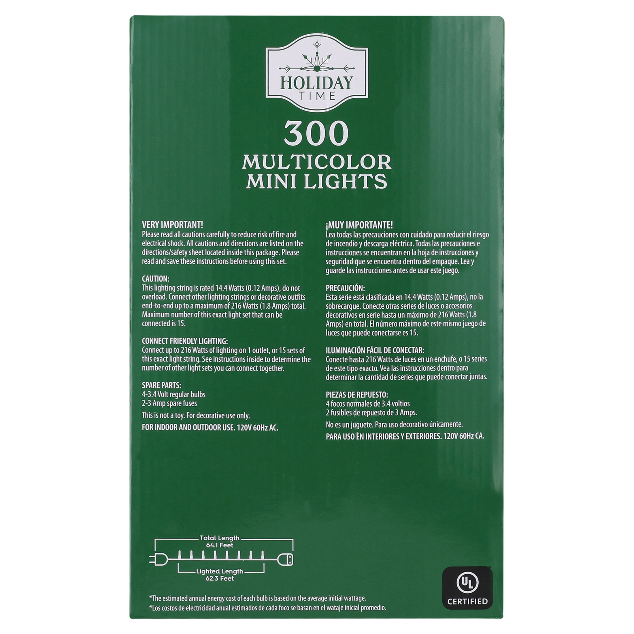 Indoor/Outdoor 300-Count LED Mini Christmas String Lights, Multicolor, Green Wire, 62.3', by Holiday Time