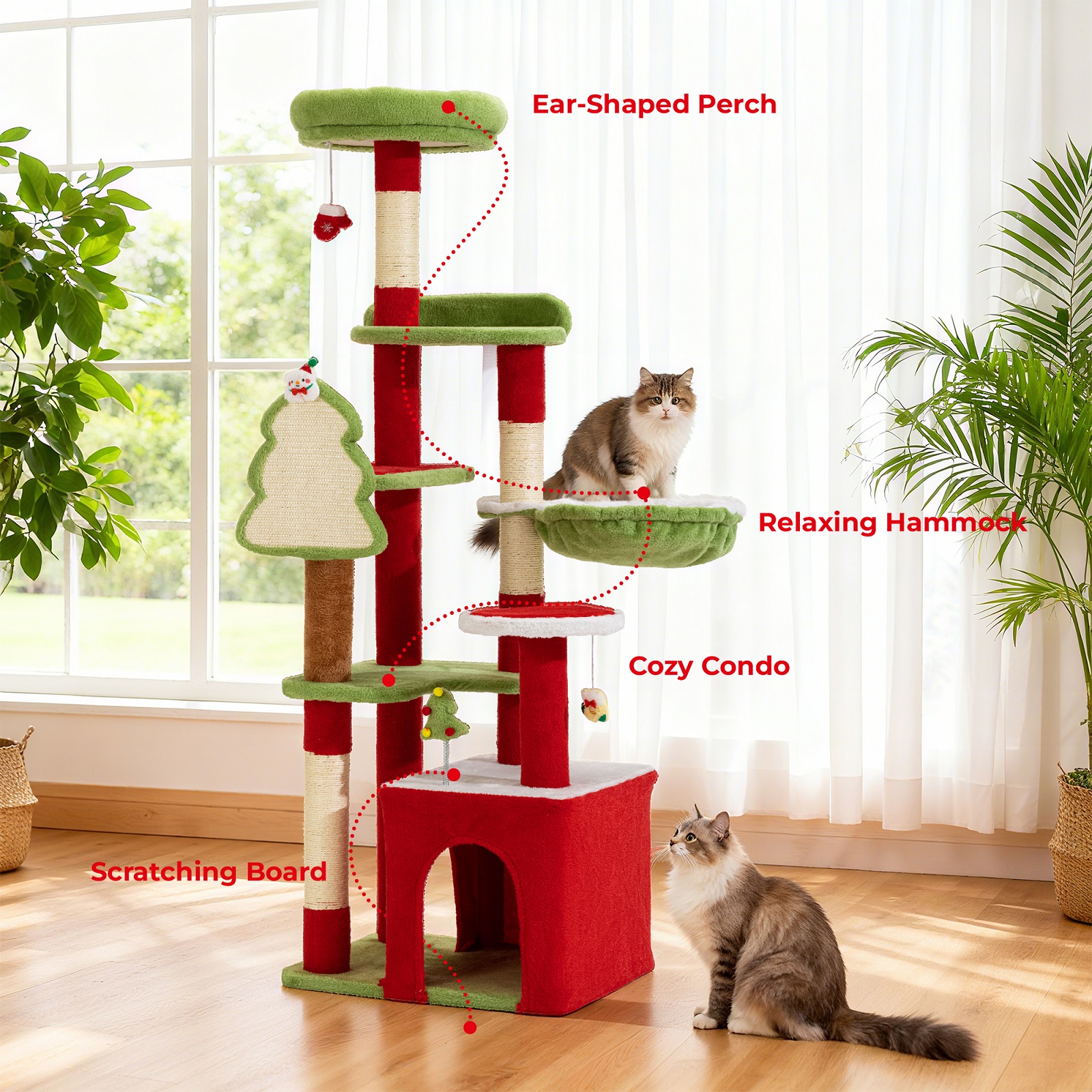 PERIMIDOME 55” Large Cat Tree Tower for Indoor Cats, Multi-Level Cat Furniture with Condo, Hammock & Scratching Posts, Christmas Edition