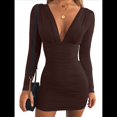 thumbnail image 3 of Vestido Mini de Fiesta Ajustado con Escote en V y Larga para Mujer Marrón Oscuro S, 3 of 8