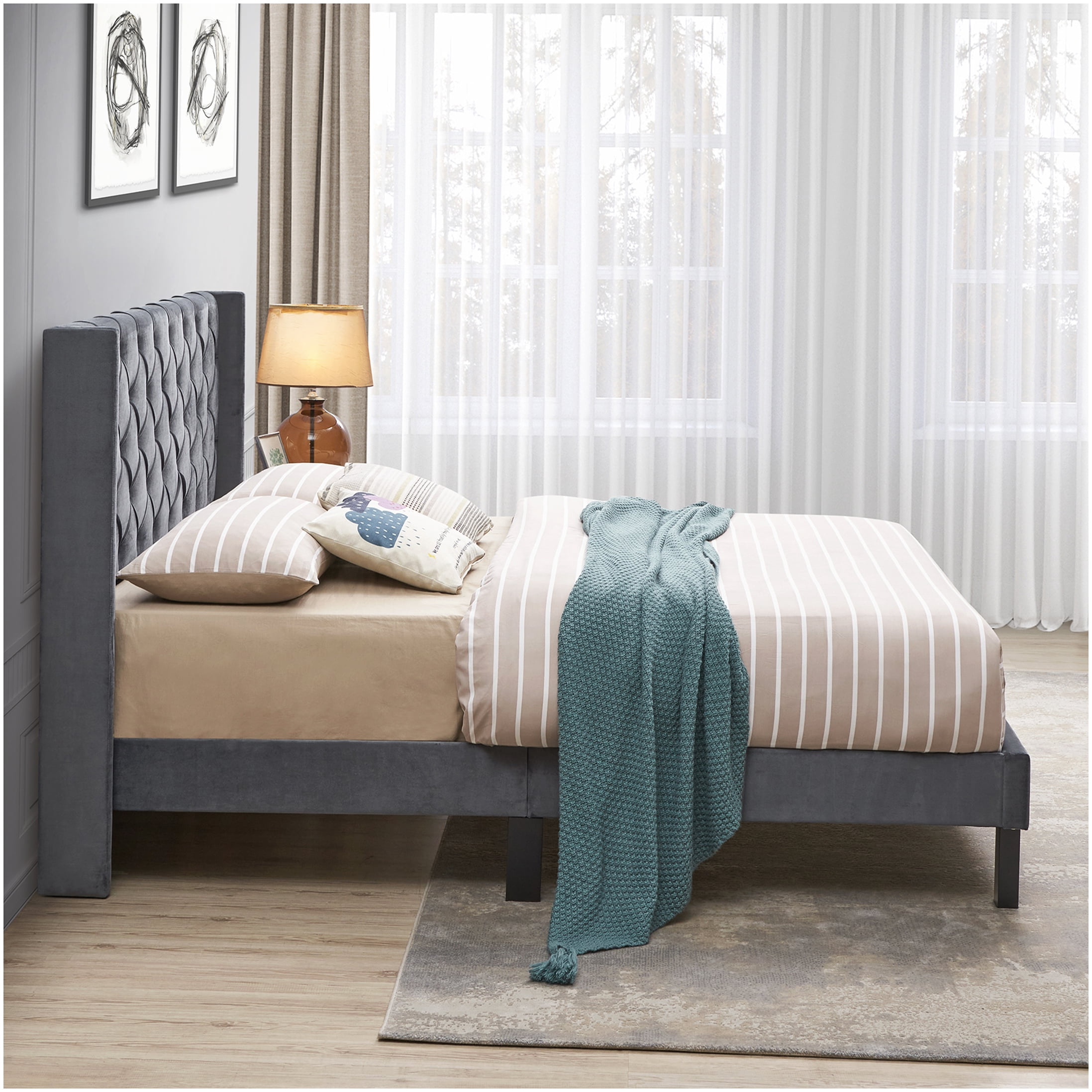 Modern Velvet Upholstered Queen Bed Frame with Wingback Headboard, Charcoal Gray, No Box Spring Needed