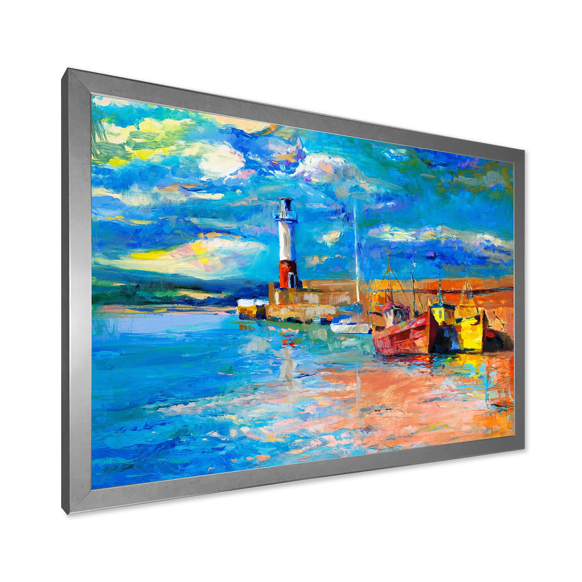 Designart 'Lighthouse By The Shore In Evening Glow ' Nautical & Coastal Framed Art Print
