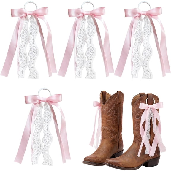 4 Pcs Pink Ribbon Boot Bows for Cowgirl Boots, Removable Lace Bow Clip Shoe Accessories for Women DIY Party Decor