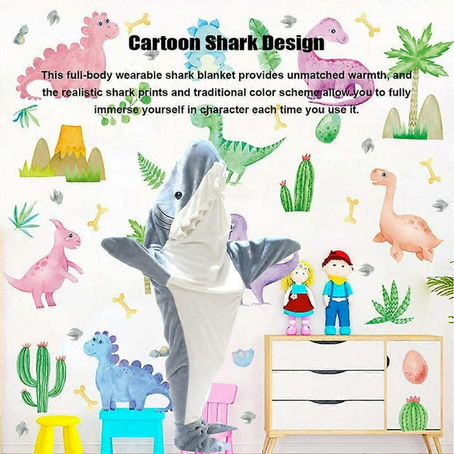 Shark One-Piece Pajamas for Adult Wearable Shark Blanket Hoodie Sleeping Bag Cartoon Animals Flannel Blanket