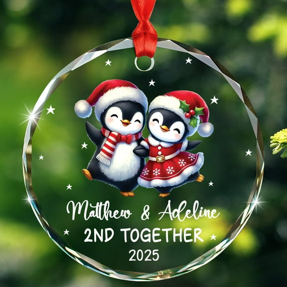 Personalized Our 2nd Christmas Together Glass Ornament, Customized Date Name Couple Penguin Together Christmas Ornaments Gift for Dating Anniversary, Married Couple Penguin Glass Christmas Ornaments