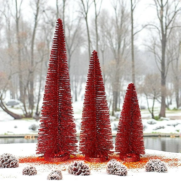 RAZ Imports Set of 3 Bottle Brush Trees – Modern Christmas Holiday Winter Décor – Red Glittered Tabletop Tree Set for Home Office  Mantel  Fireplace Desk Shelf Display (17”, 14”, 9”)