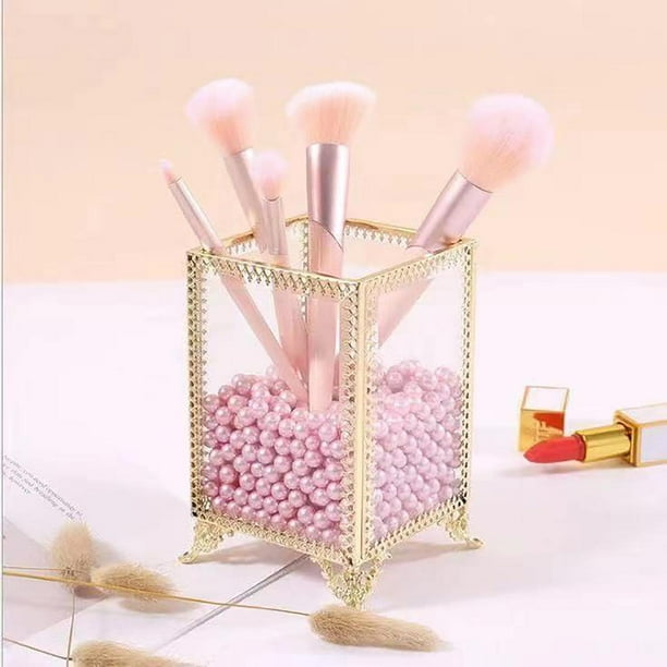 Porta Brochas de Maquillaje Vintage de Vidrio Hecho a Mano Organizador Dorado