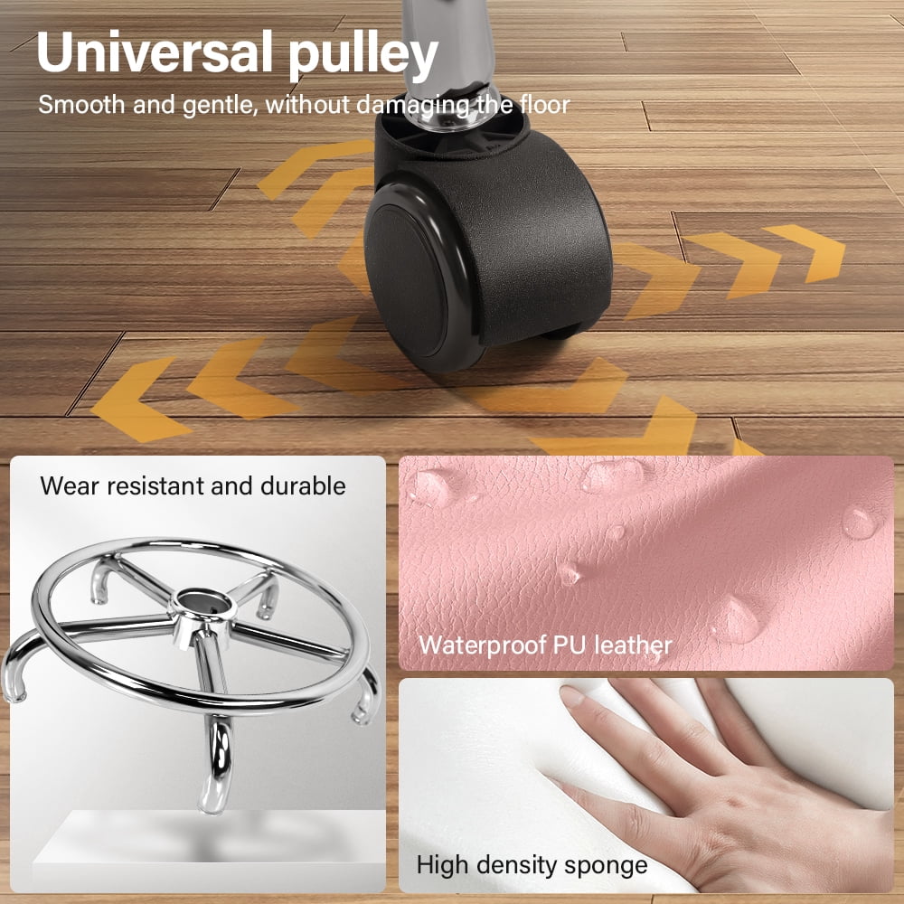 KKTONER Pink PU Leather Round Roller Stool with Footrest, Rotatable, Height Adjustable, Spa, Hair Salon, Tattoo Studio, Office Massage Stool, Work Chair