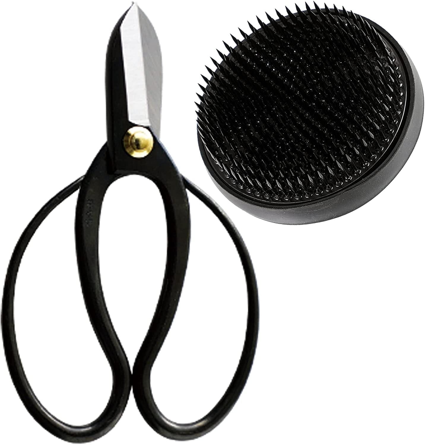Wazakura Made in Japan Ikebana Tool Kit - Koryu Scissors + Black Kenzan Flower Holder 3-1/4"