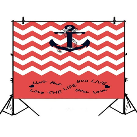 Image of GCKG 7x5ft Live the Life You Love Love the Life You Live.Coral And White Chevron Zig Zag Pattern With Anchor Polyester Photography Backdrop Studio Photo Props Background