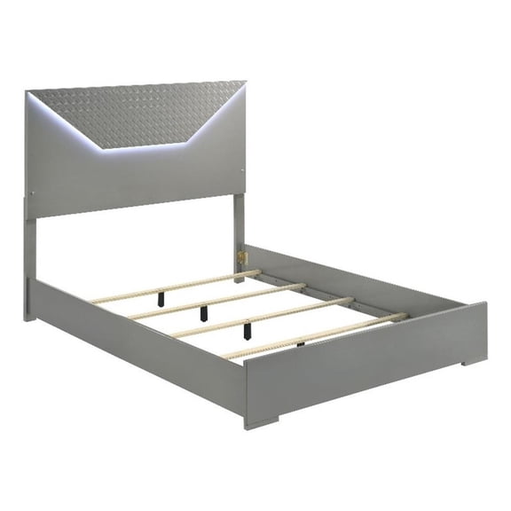 Ivon Queen Size Bed, 3D Embossed LED Headboard, Gray Solid Hardwood