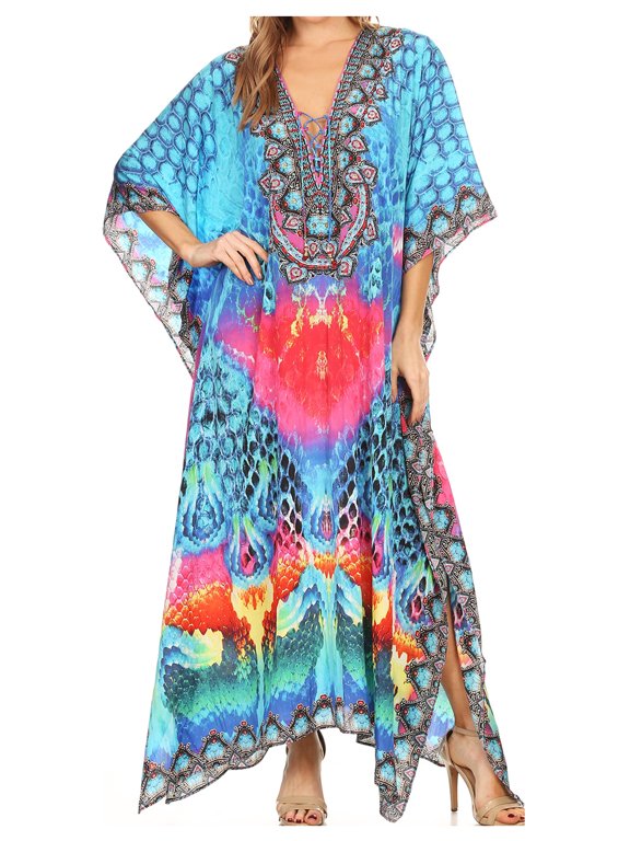Georgettina Flowy Rhinestone V Neck Long Caftan Dress / Cover Up - Blue / Pink - One Size