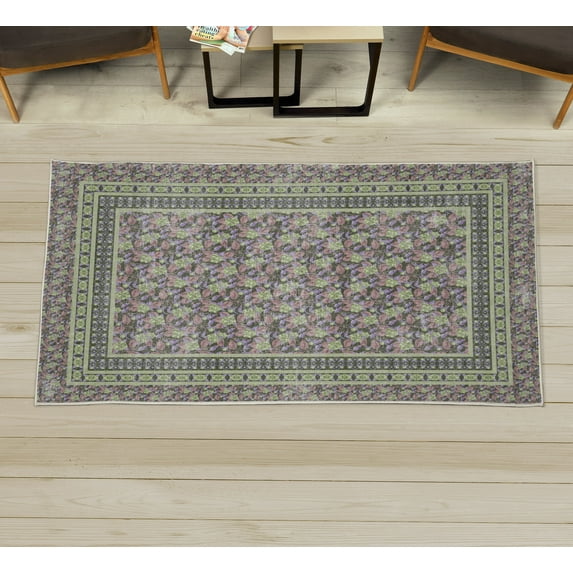 Retro Decorative Rug, Blooming Meadow Flowers and Green Leaves Nature Design Pattern Garden Art, Quality Carpet for Bedroom Dorm and Living Room, 6 Sizes, Pale Green, by Ambesonne