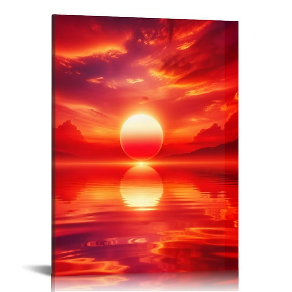 QCPP Canvas Prints Red Sun Large Modern Seascape Sea Giclee Canvas Wall Art Red Ocean Wall Decor Sunset Pictures Artwork for Walls Living Room Bedroom Decor Office Home Decoration