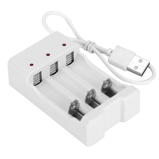 Cargador USB de 3 ranuras A03, ABS blanco, ecológico, resistente a altas temperaturas, para pilas AA y AAA.