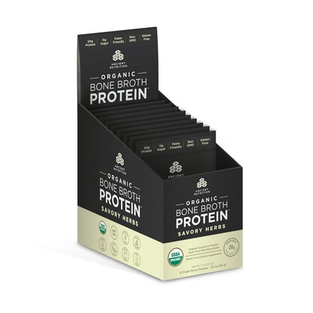 Ancient Nutrition, Organic Bone Broth Protein, Savory Herbs, Packet Tray, 12 Servings