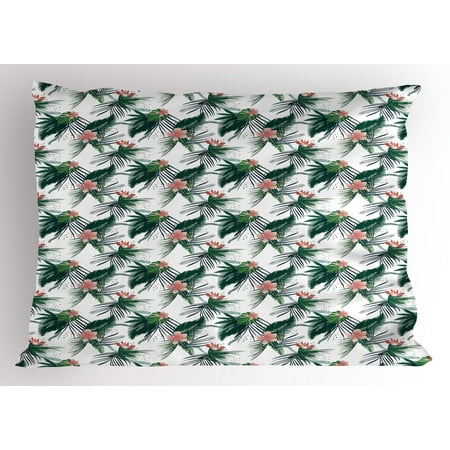 California Life Coral (Jungle Pillow Sham Subtropical California Brazil Botanical Nature Green Leaves Flowers, Decorative Standard Queen Size Printed Pillowcase, 30 X 20 Inches, Hunter Green Coral White, by)