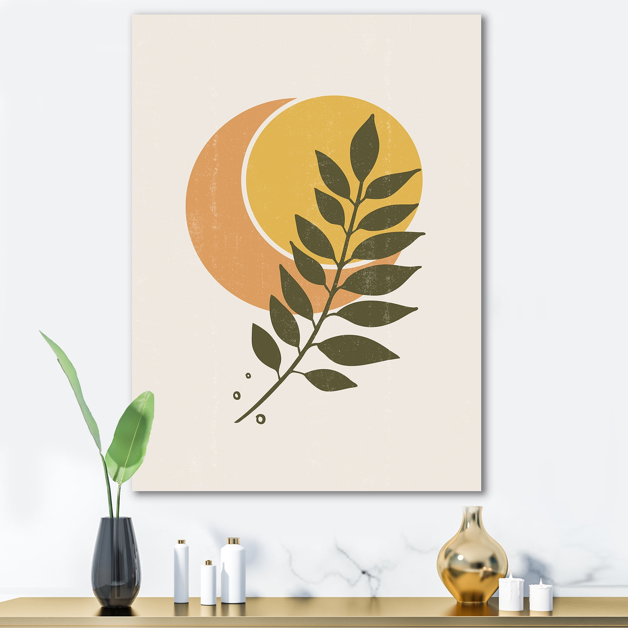 Designart ' Abstract Geometrical Moon and Sun With Leaf V ' Modern Canvas Wall Art Print