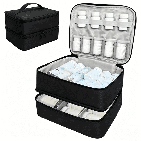 ZHIJYBO Double Layers Medicine Bag Organizer, Pill Bottle Organizer Storage Bag with Lockable Zipper&Adjust, Medication Travel Bag for Pills, Medical Supplies for Home Storage, Travel(Black, M)