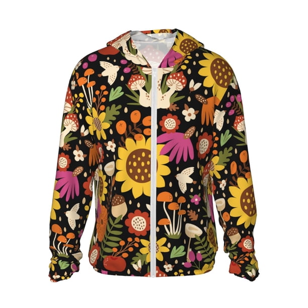 Fotbe Sunflowers Mushrooms Chaqueta con Protección Solar UPF 50+ para Hombre y Mujer, Camisa con Capucha y Bolsillos-Small