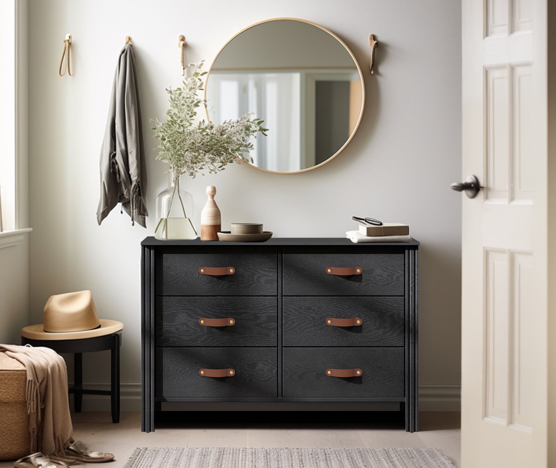 Dresser for Bedroom, Wood Dresser with 6 Drawers, Storage Cabinet for Living Room, Hallway, Black