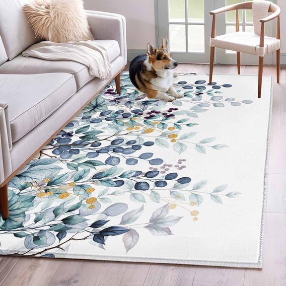 Area Rug for Living Room, Green Blue Eucalyptus Leaves Non-Slip Indoor Large Carpet for Bedroom/Dining Room, Summer Botanical Weeping Washable Low-Profile Rectangle Floor Mat Runner Rugs - 2.7 x 5 Ft