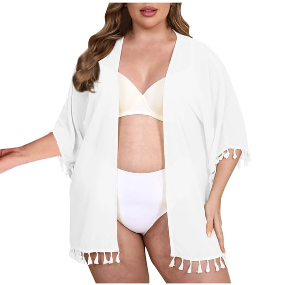 UAMVSH Women's Cardigan Swimwear Cover Ups Half Sleeve Mesh Kimono Beachwear with Tassel Oversized Open Front Outerwear(X-Large,White)