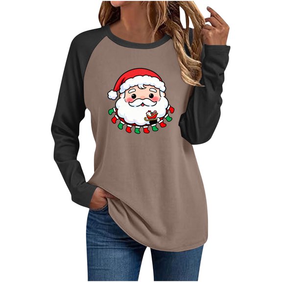 Makaor Casual Tops for Women Trendy Christmas Plus Size Crew Neck Shirts Tunic Santa Graphic 3/4 Sleeve Pullover Tees Cute Outfits Clothes