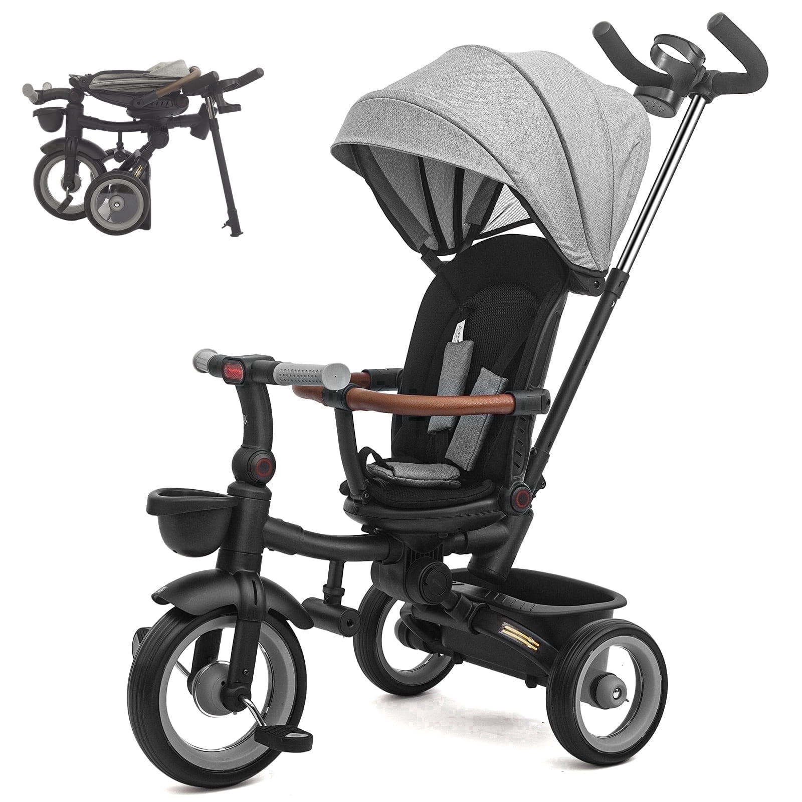 KORIMEFA 7‑in‑1 Foldable Kids Tricycle, Convertible Stroll Trike with Removable Canopy, Safety Harness, for 1‑5 Years Old Toddler, Grey