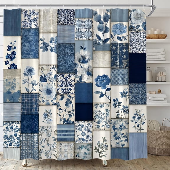 Patchwork Chinoiserie Shower Curtain, Navy Blue White Floral Boho Vintage French Country Botanical Bathroom Decor 36"W x 72"H