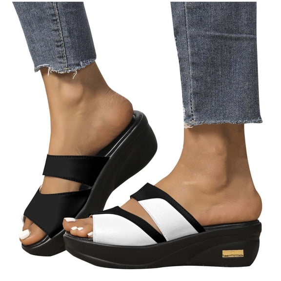 THDHVS Womens Wedge Sandals,Summer Sandals for Women 2025,Women's Fashion Casual Fish Mouth Spring and Summer Thick Bottom Wedge Sandals Black 6.5