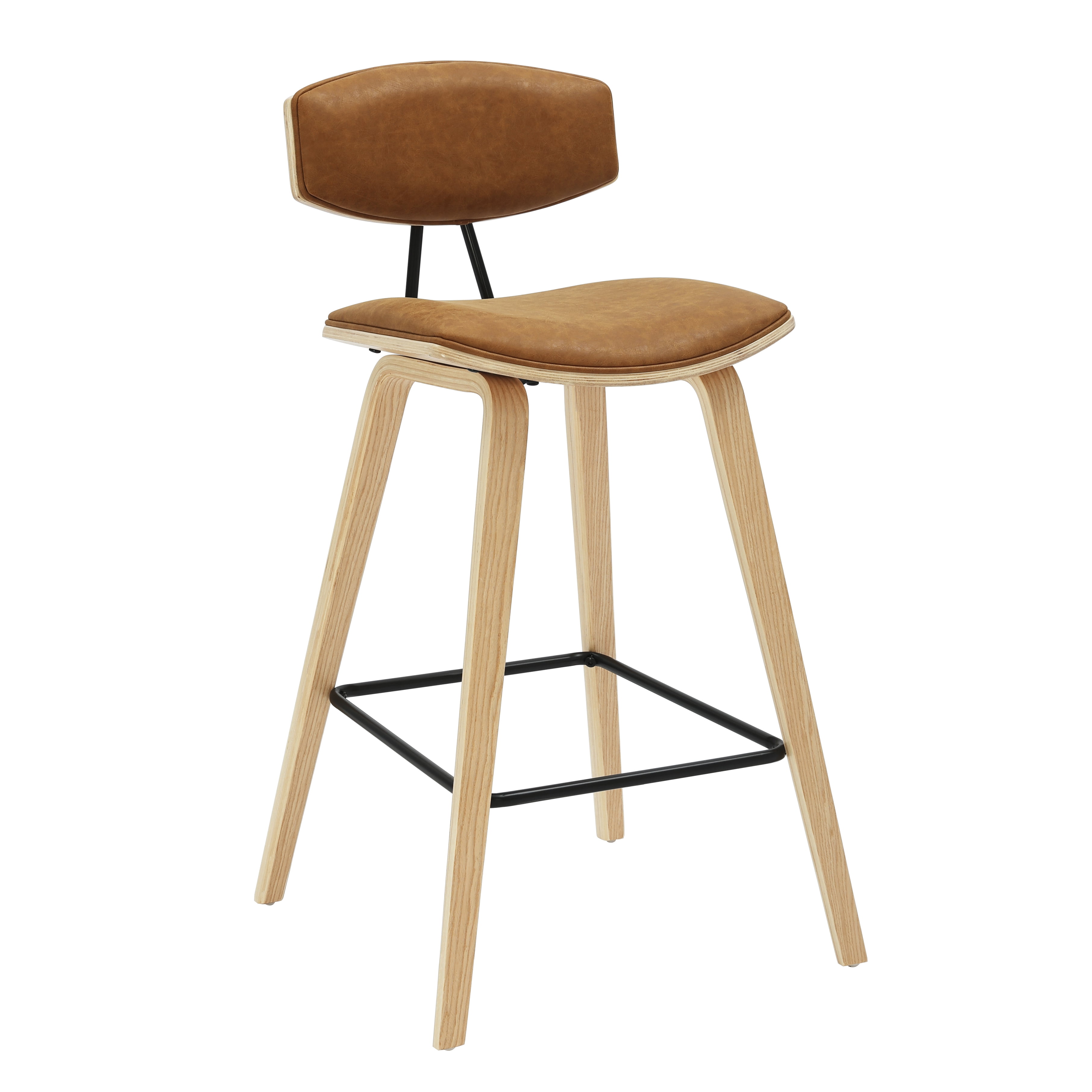 Fox 36 in. H Counter Height Camel Curved Back Wood Bar Stool with Faux Leather Seat Set of 3