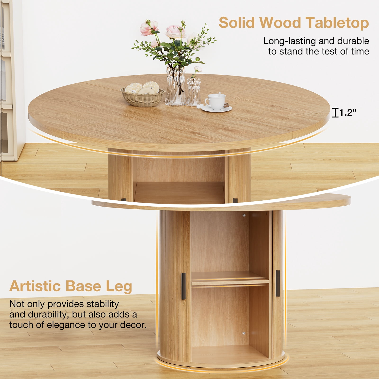 Hommpa 48" Round Dining Table with Storage,Morden Kitchen Table Wood for 4 with 2-Layer Storage Shelves and Wood Slide Door for Kitchen Living Room,Heavy Duty Pedestal Base,Natural