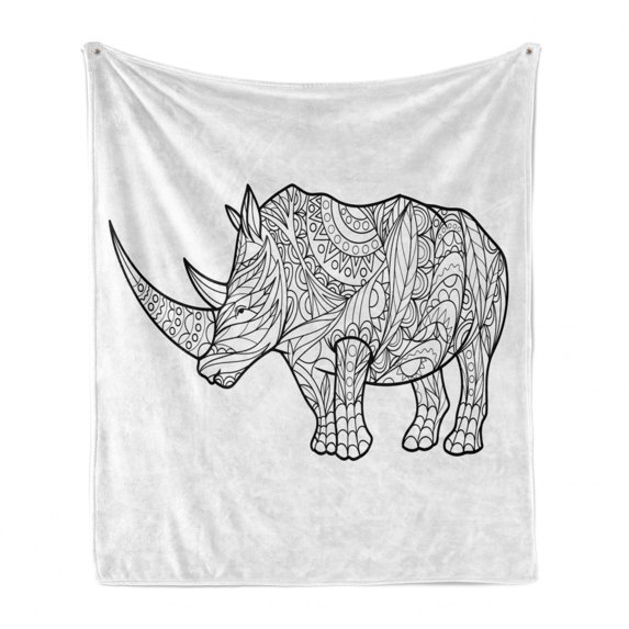 Animal Soft Flannel Fleece Throw Blanket, Hand Drawn Sketch of an Animal with Horn Motifs Floral and Geometric, Cozy Plush for Indoor and Outdoor Use, 60" x 80", Charcoal Grey and White, by Ambesonne