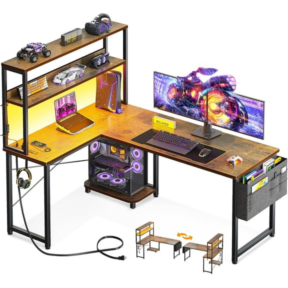 AEGFKD 53 Inch L Shaped Desk with LED Lighting, Reversible Gaming Desk with Power Outlets, Cornor Computer Table with Storage Shelves & Bag & Iron Hook, Home Office Table for Writing, Study, Vintage